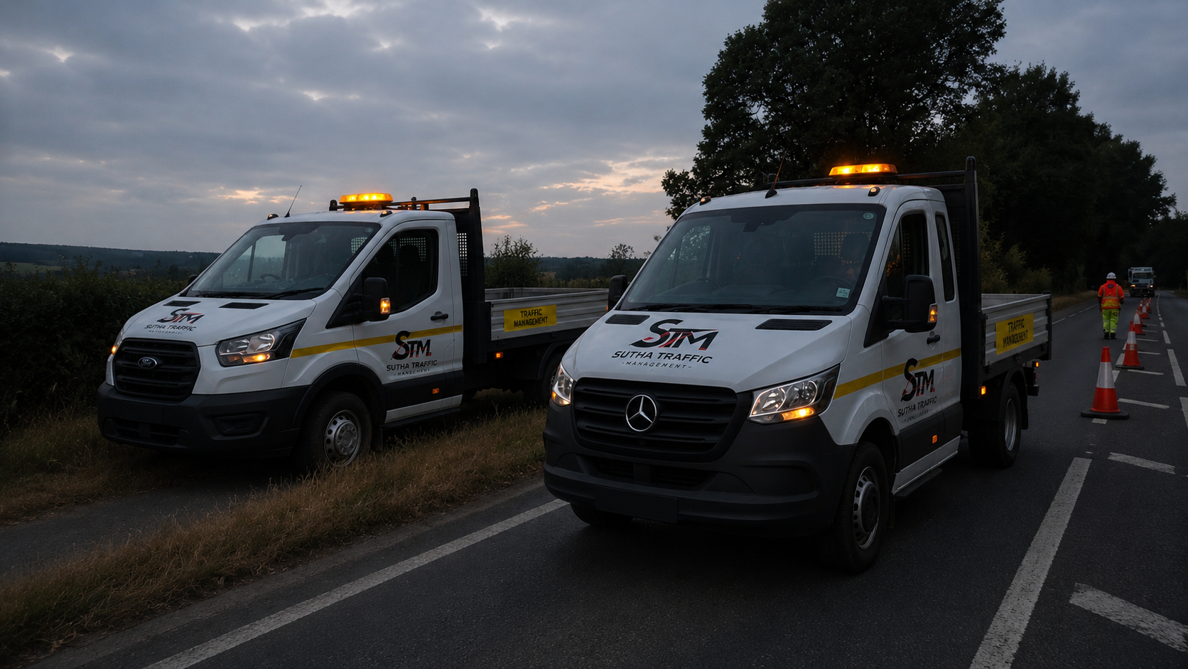 Sutha Traffic Management vehicles on a live carriageway at dusk